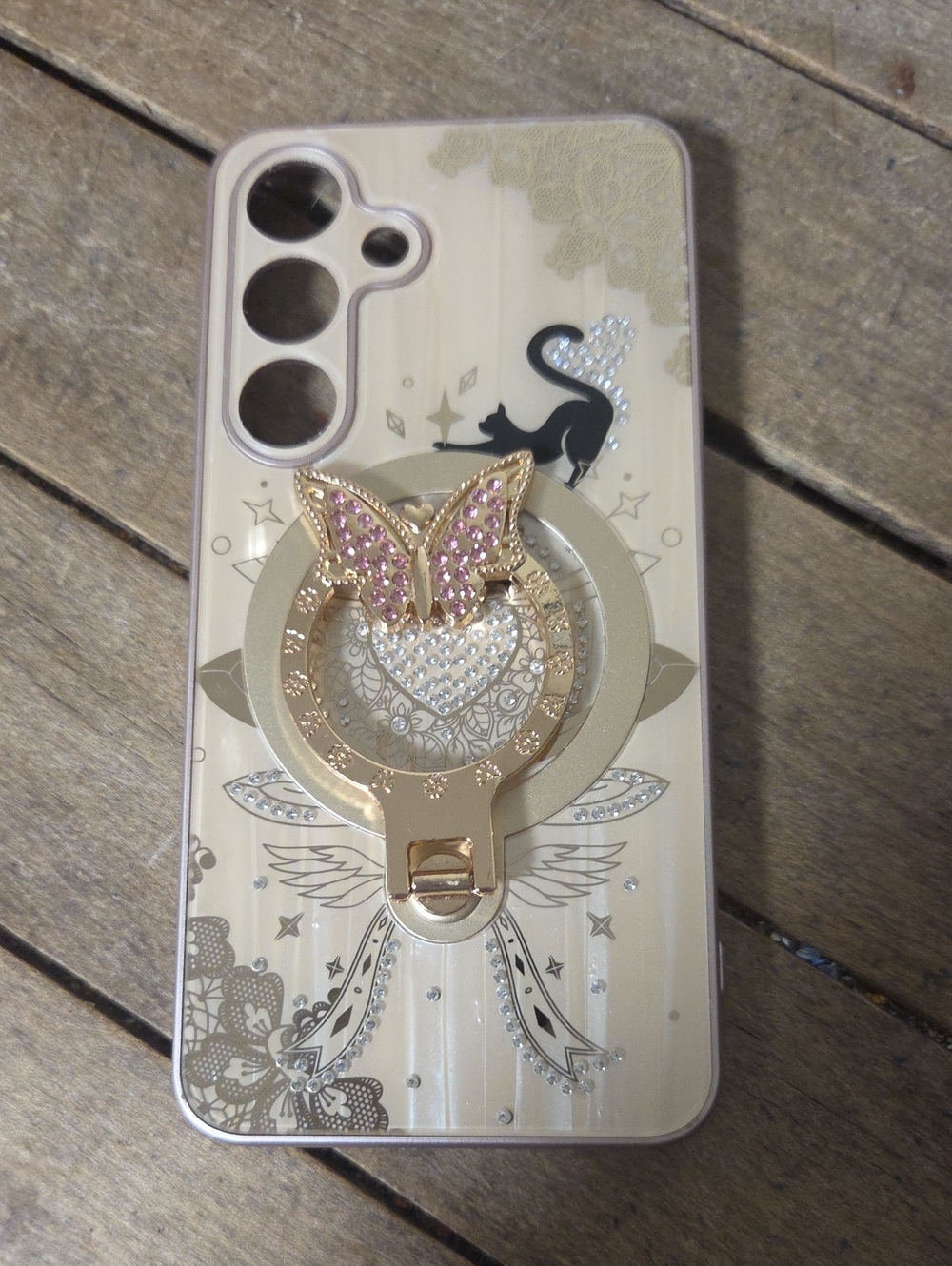 Decorative Beige S25 Phone Case with Gold Butterfly Ring Holder